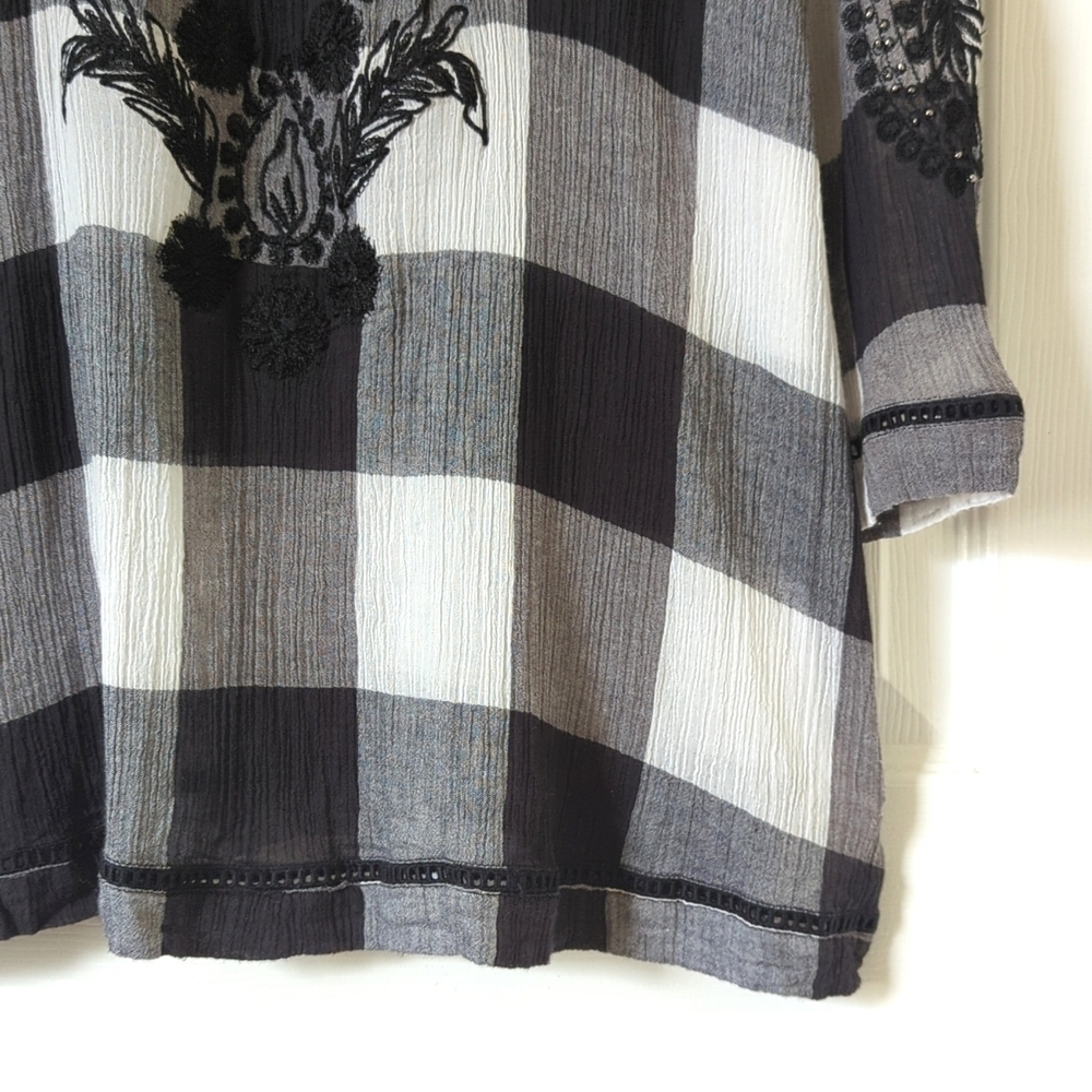Free People Embroidered & Beaded Buffalo Plaid Gauze Long Sleeve Tunic Top XS - Picture 8 of 12